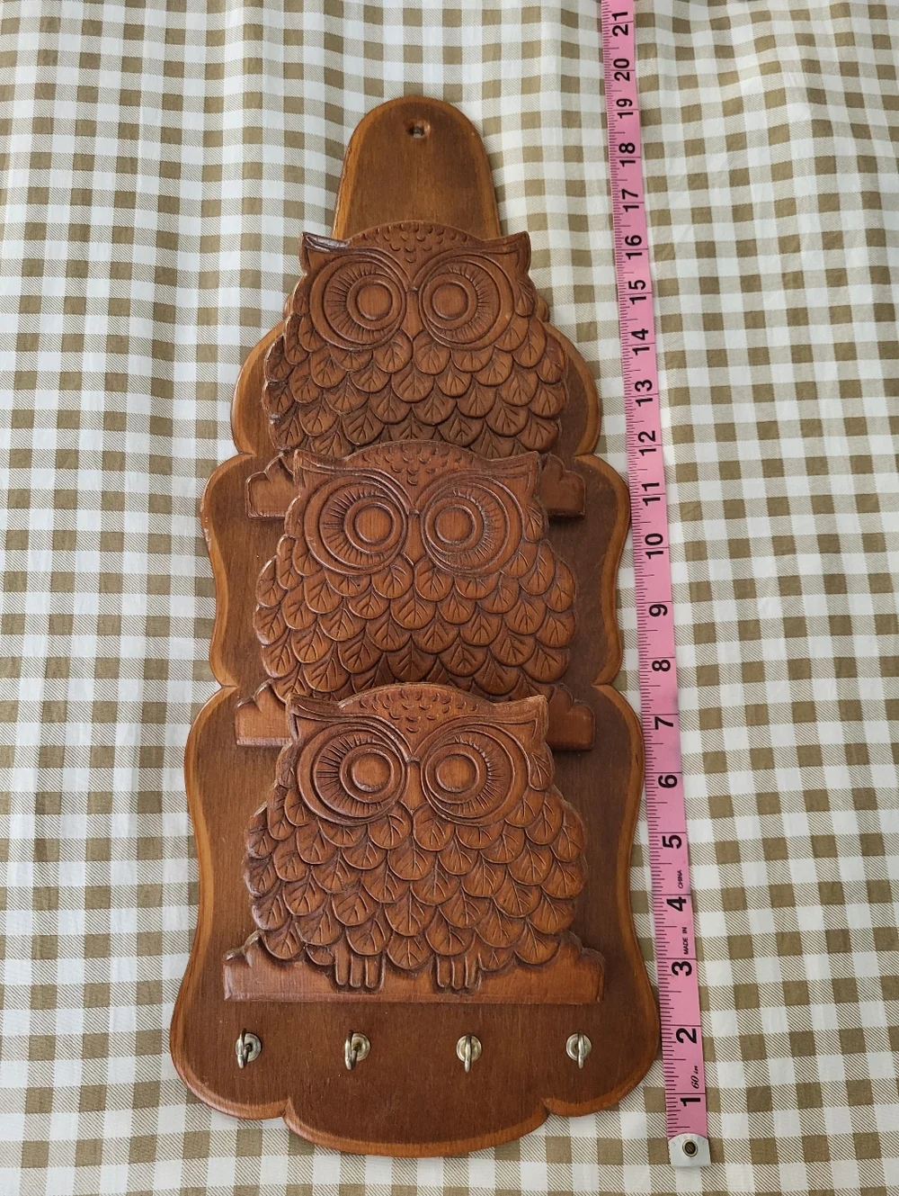 Vintage Mid-Century Modern Wooden Owl Letter Holder Featuring Three Carved Owls